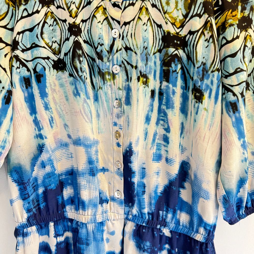 Boston Proper Size 6 Blue White Tie Dye Boho Dress Cinched Waist Tropical Resort - Picture 3 of 9